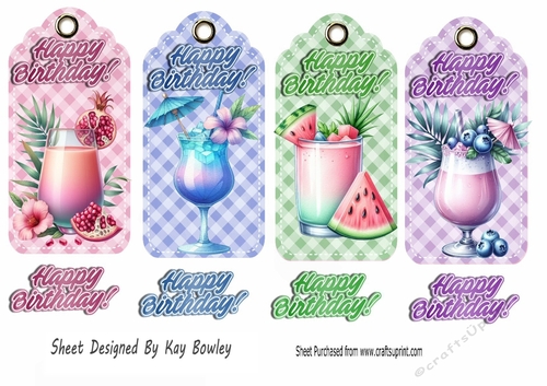 4 Lovely Coloured Birthday Gingham Tags/Toppers With Fruit Cocktails