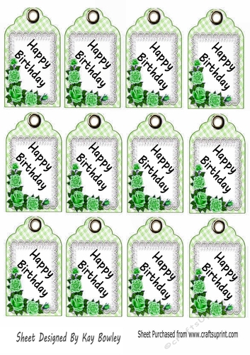  12 Green Gingham HAPPY BIRTHDAY Tags With Roses