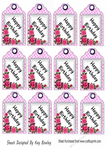 12 Pink Gingham HAPPY BIRTHDAY Tags With Roses