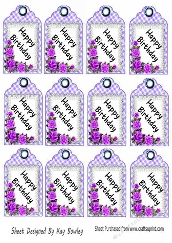 12 Purple Gingham HAPPY BIRTHDAY Tags With Roses THREE