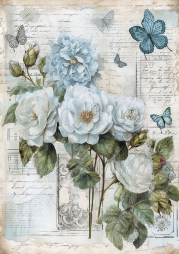 Pretty Blue Flowers & Butterflies On Script A4
