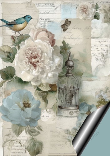Pretty Blue Flowers & Butterflies/Bird On Script A4