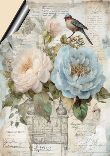 Pretty Blue/Peach Flowers & Bird On Script A4