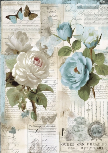 Pretty Blue/Cream Flowers & Butterflies On Script A4