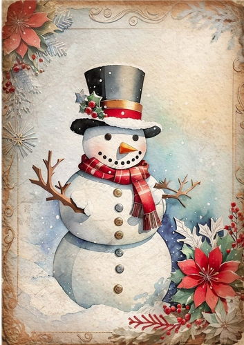 Lovely Vintage Snowman With Poinsettias A4