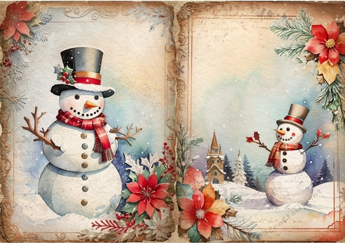 Lovely Vintage Snowmen With Poinsettias Snow Scene A4