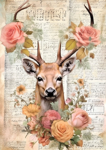 Lovely Deer With Spring Pink Roses Gold A4