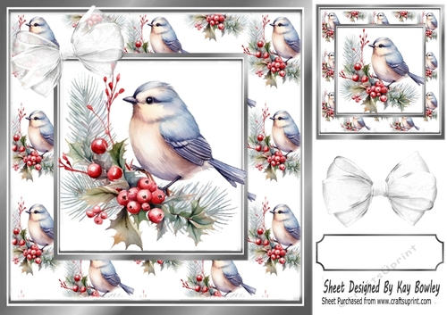 Pretty Blue Bird On A Branch With Berries 8X8