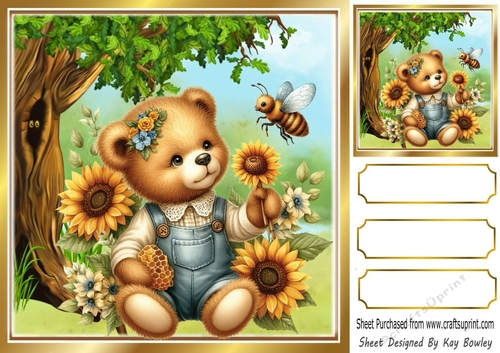 Cute Teddy Bear With Sunflowers/Woodland 8x8