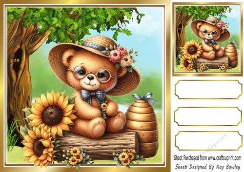 Cute Teddy Bear In Sun Hat With Sunflowers/Woodland 8x8