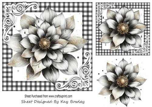 Pretty Black/Gold Flower In Black & White Gingham 7x7 (One)