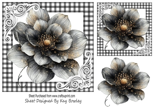 Pretty Black/Gold Flower In Black & White Gingham 7x7 (Two)