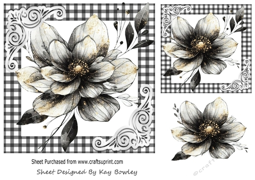Pretty Black/Gold Flower In Black & White Gingham 7x7 (Three)