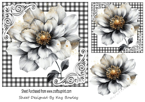Pretty Black/Gold Flower In Black & White Gingham 7x7 (Four)