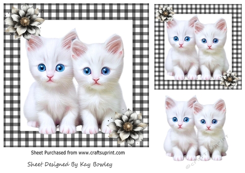 Cute Kittens With Flowers Black Gingham 7x7 (Three)