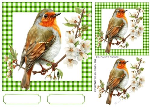 Lovely Spring Robin With Pink Blosoms Green Gingham 7X7