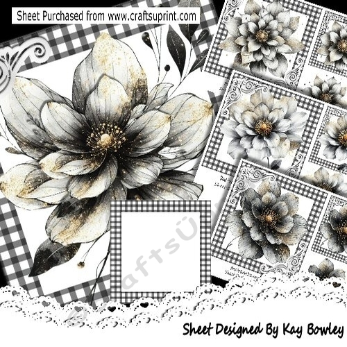 4 Lovely Black/Gold Flowers In Black Gingham 7x7 Card Front Mini Kit