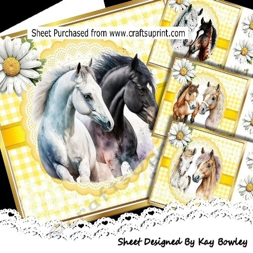 4 Lovely Horses/Foals With Daisies Yellow Gingham Cards 8x8  Mini Kit