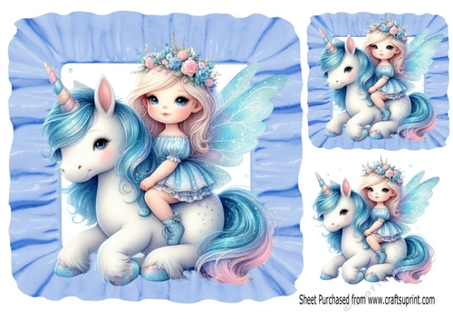 Pretty Fairy With Unicorn Blue Frill 7x7 Frame