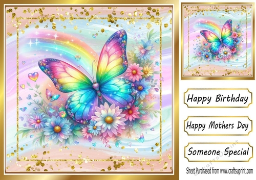 Pretty Glitter Butterfly With Rainbow 8x8 Card