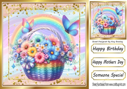 Pretty Glitter Butterflies With Floral Basket With  Rainbow 8x8 