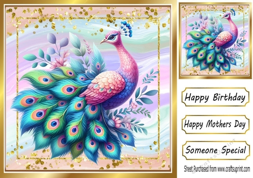 Pretty Glitter Rainbow Frame  With Peacock 8x8 Card