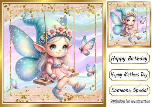Pretty Glitter Rainbow Butterfly Girl Gnome On A Swing 8x8 Card