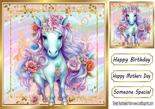 Pretty Glitter Rainbow Frame  With Unicorn With Roses 8x8 Card
