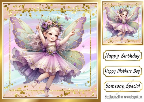 Pretty Glitter Rainbow Frame  With Lilac Fairy 8x8 Card