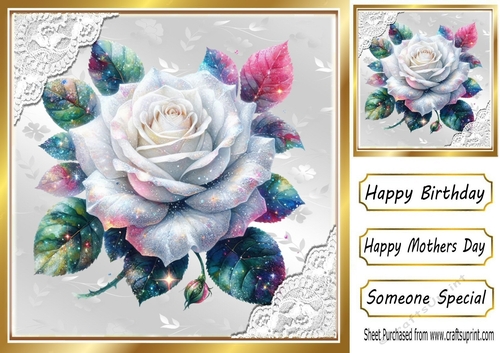 White Glitter Rose Silver Gold With Lace 8X8 Card