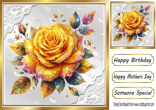 Gold Glitter Rose Silver Gold With Lace 8X8 Card