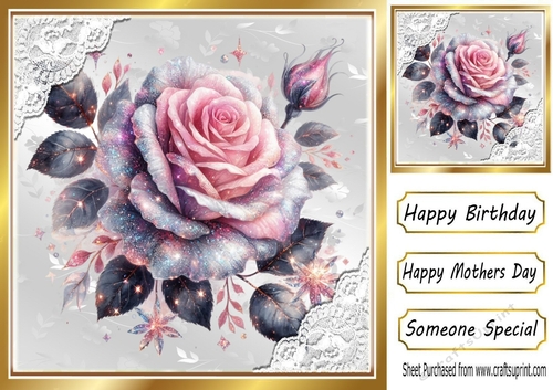 Pink Glitter Rose Silver Gold With Lace 8X8 Card