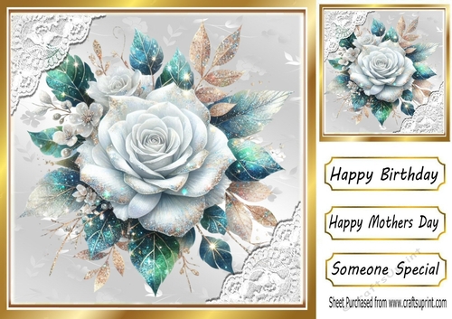 Pale Blue Glitter Rose Silver Gold With Lace 8X8 Card