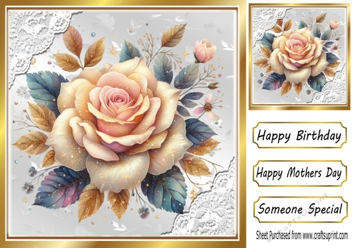 Peach Glitter Rose Silver Gold With Lace 8x8 Card