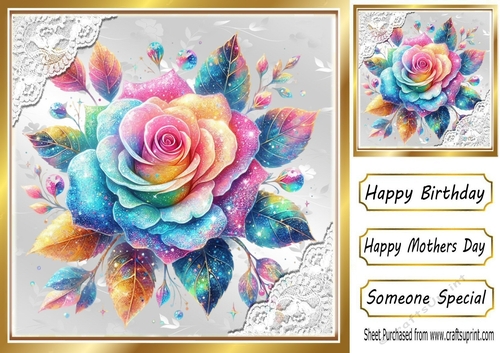 Rainbow Glitter Rose Silver Gold With Lace 8X8 Card
