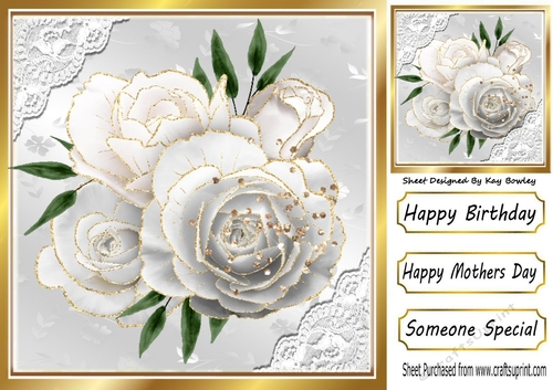  Silver White/Gold Roses With Lace  8X8 Card