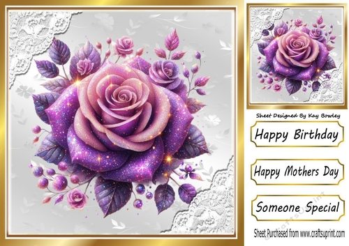 Lilac Glitter Rose Silver Gold With Lace 8X8 Card