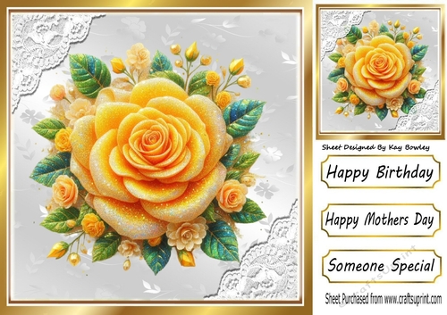 Yellow Glitter Rose Silver Gold With Lace 8X8 Card
