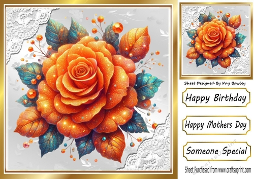 Orange Glitter Rose Silver Gold With Lace 8X8 Card