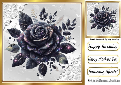 Black Rainbow Glitter Rose Silver Gold With Lace 8X8 Card
