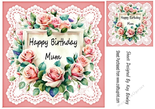 Lace & Peach Roses 8x8 Card (BIRTHDAY FOR MUM)
