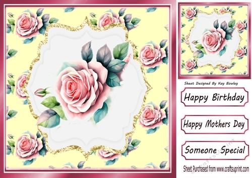 Pretty Pink Roses On Glitter Topper Cream Background 8x8 Card