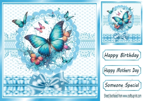 Pretty Blue Butterfly In Ornate 8x8 Frame With Satin Bow (THREE)
