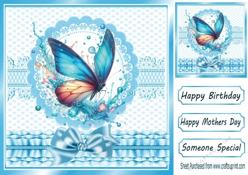 Pretty Blue Butterfly In Ornate 8x8 Frame With Satin Bow (FOUR)