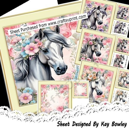 4 Pretty Horses In Cream/Floral 8x8 Card Fronts Mini Kit