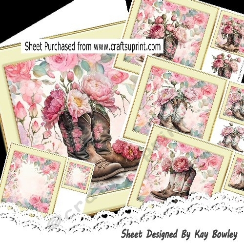 4 Lovely Cowgirl Boots In Cream/FloraL Framesl 8x8 Card Fronts Mini Kit
