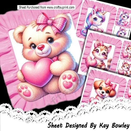 4 Cute Animals With Hearts In Pink Frill Frames 8x8 Mini Kit