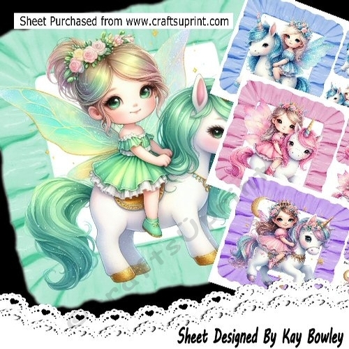 4 Cute Fairies With Unicorns In Coloured Frill Frames 8x8 Mini Kit