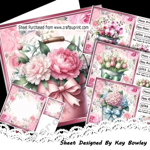 4 Pretty Flowers In Buckets Pink Floral Frames  8x8 Mini Kit