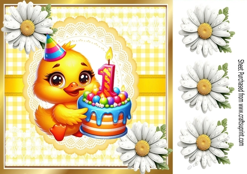 Cute Yellow Birthday Duck (AGED ONE) With Daisies in Yellow Gingham 8x8